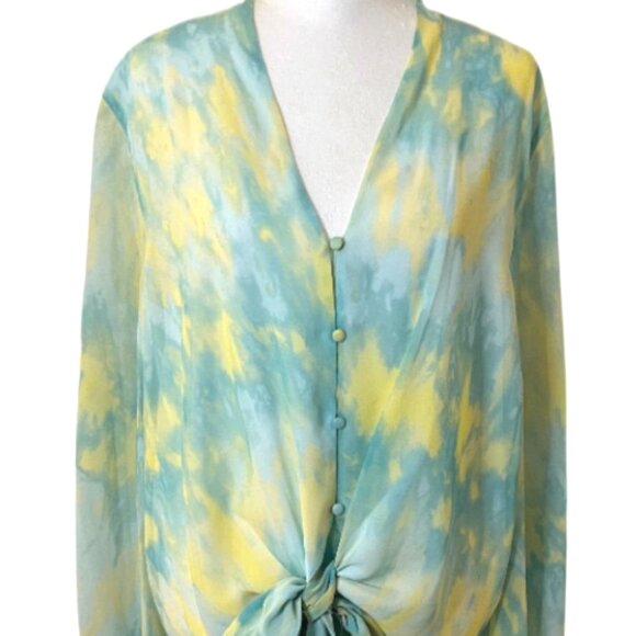 Vince Camuto Vivid Charm Green & Yellow Tie Dye Long Sleeve Blouse Size L NWT - Picture 5 of 13